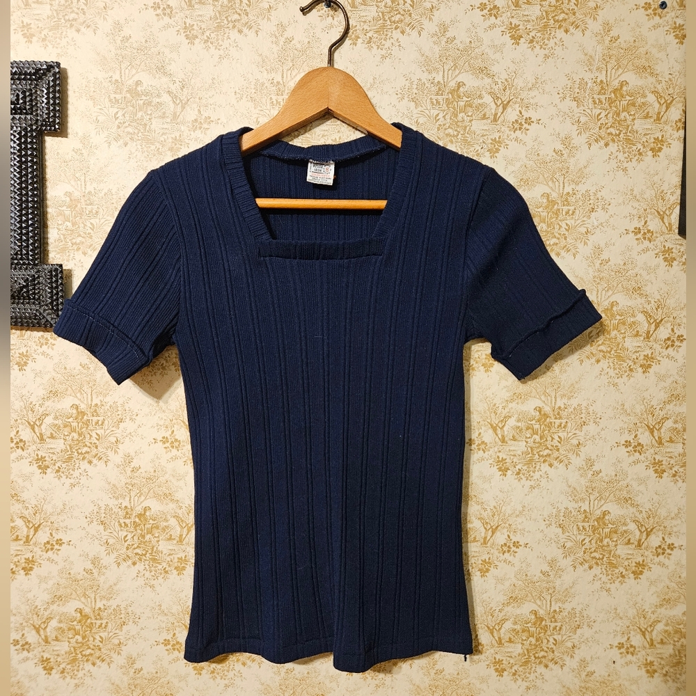 Vintage 60s 70s Small Never Iron Navy Blue Top